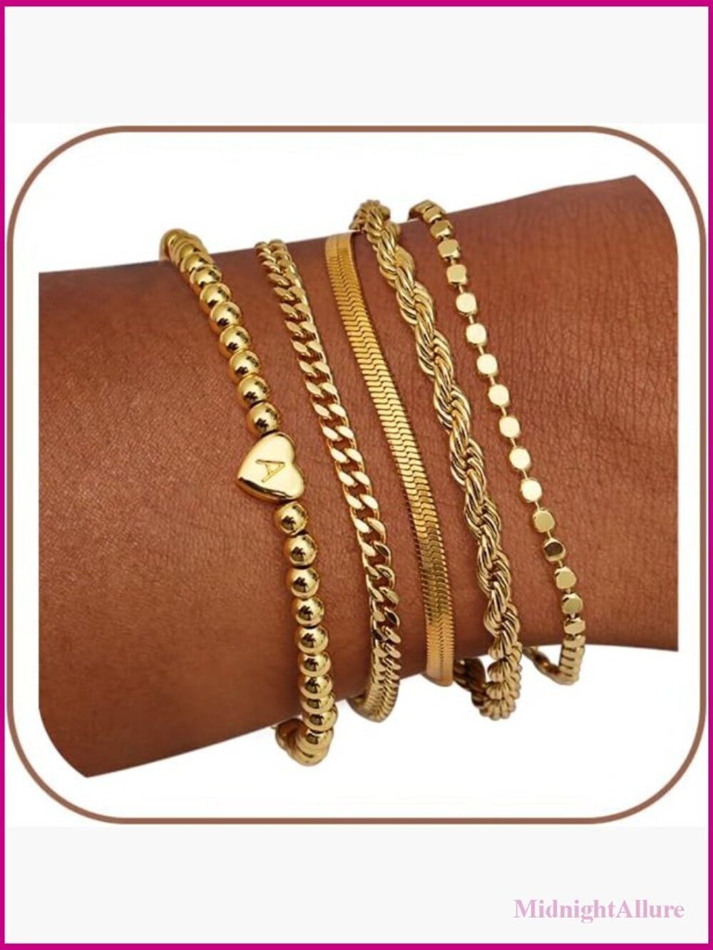 Stackable Gold Bracelet Set with Heart Charm, 5 Layer Chains